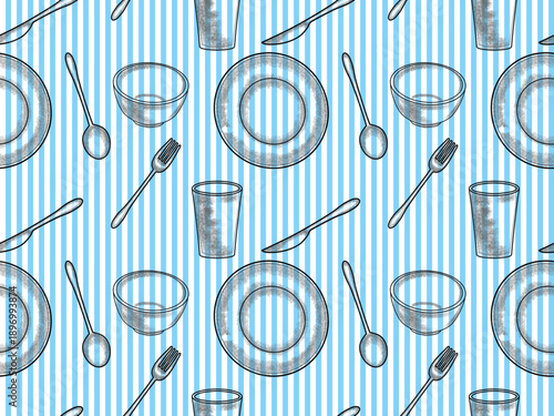 seamless pattern of tableware such as plates, bowls, glasses, spoons, and forks, arranged randomly in a sketch or doodle style with a background of light blue and white vertical lines.