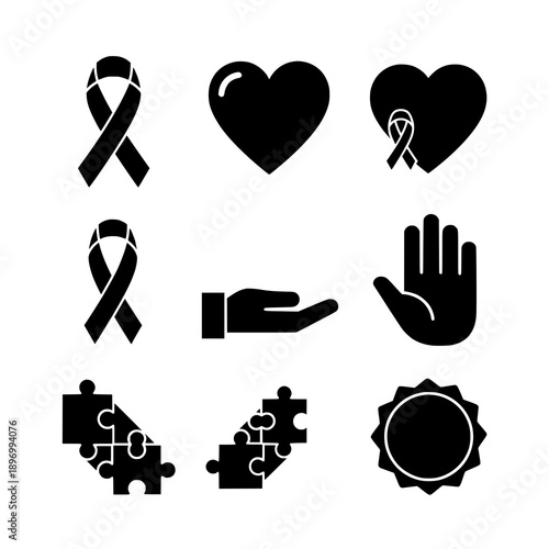 Black awareness line art vector set with ribbons, hearts, and symbolic shapes on white background