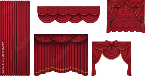 Red Theater Stage Curtains Vector Illustration Set with Classic Drapes, Valances, and Decorative Fringe for Opera, Cinema, and Performance Design Concepts