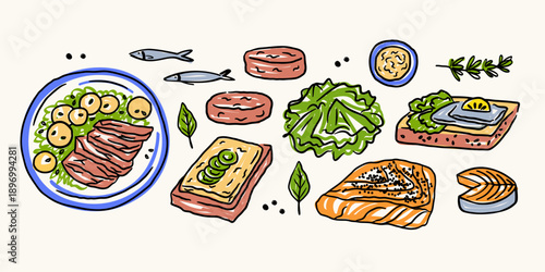 Danish cuisine. Nordic food outline sketch.Vector illustration on isolated background. Texture graphic with traditional Scandinavian dishes, smørrebrød, fish, meat, vegetables. Top view
