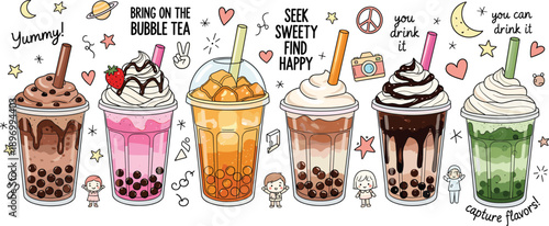 Cute Bubble Tea and Dessert Drink Vector Illustration Set with Colorful Boba Cups, Whipped Cream, Fruits, and Hand Drawn Doodle Elements