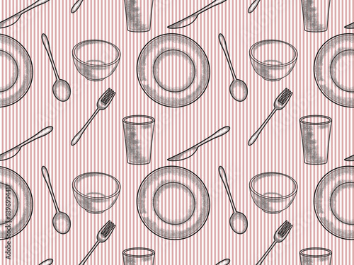 seamless pattern of tableware such as plates, bowls, glasses, spoons, and forks, arranged randomly in a sketch or doodle style with a background of light red and white vertical lines.