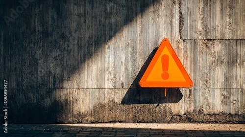 Orange warning sign with an exclamation mark on the road