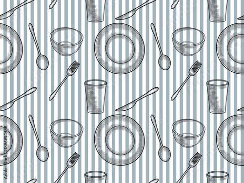 seamless pattern of tableware such as plates, bowls, glasses, spoons, and forks, arranged randomly in a sketch or doodle style with a background of light blue and white vertical lines.