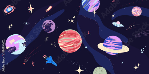 Colorful Space Illustration with Planets and Stars