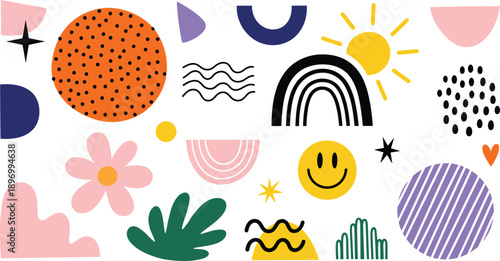 Abstract Cute Doodle Shapes Vector Illustration with Smiley Face, Rainbow, Sun, Flowers, and Colorful Geometric Elements for Modern Creative Designs