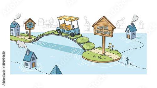Golf Cart's Bridge to Paradise: An illustrated scene depicts a golf cart crossing a whimsical bridge, guiding towards a charming destination, suggesting an idyllic getaway and relaxation.