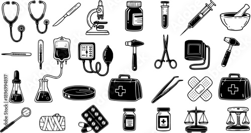 Black and White Line Art Medical Icons: Stethoscope, Syringe, Microscope, Mortar Pestle, Scales