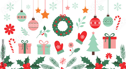 Christmas Holiday Vector Illustration Set with Festive Decorations, Ornaments, Wreath, Gifts, Candy Canes, Mittens, and Winter Floral Elements for Seasonal Designs