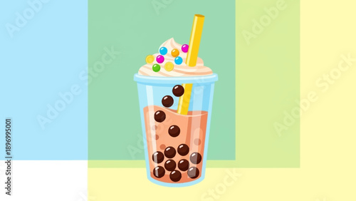 Boba Milk Tea with Colorful Toppings and Straw.