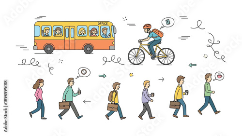 Urban Commute: A lively illustration captures the dynamic energy of an urban commute, featuring individuals utilizing diverse modes of transportation. 
