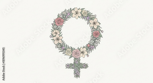 Female Symbol with Floral Wreath and Cross, Isolated on White Background