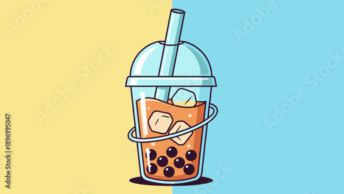 Boba Tea Drink with Straw and Tapioca Pearls.