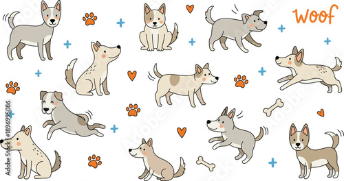 Cute Cartoon Dog Characters Vector Illustration Set with Playful Puppies, Paws, Hearts, Bones, and Hand Drawn Elements for Kids and Pet Designs