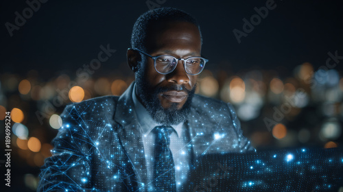 A man with glasses working with digital holographic data at night.