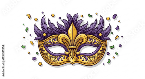 Golden Fleur-de-lis Mask with Purple Decorations Isolated on White