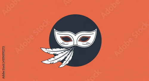White Venetian Mask on Dark Blue Circle with Feathers on Orange Background