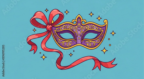 Purple Masquerade Mask with Red Ribbon on Blue Background