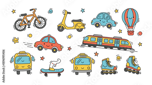 Cute Transport Collage: A delightful assortment of charming vehicles, each with its own unique personality, comes together in a playful composition, embodying the essence of joyful travel.