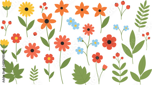 Cute Wildflower and Leaf Vector Illustration Set with Colorful Spring Floral Elements for Botanical Design, Patterns, Invitations, and Decorative Projects