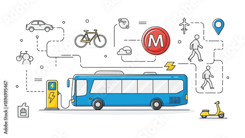 Eco-Friendly Transportation: An illustration showcasing the diverse modes of sustainable transport options, from electric buses and charging stations to bicycles and scooters.