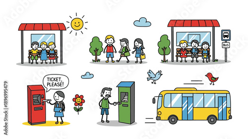 Bus Stop Scene: A vibrant illustration depicts various elements of public transportation. Focus on bus stop, bus, people, ticket vending machine.