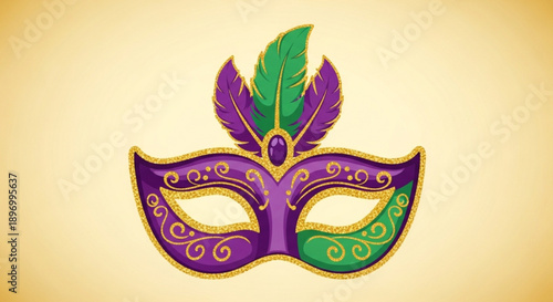 Mardi Gras Mask with Purple and Green Feathers Isolated on Yellow Background