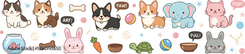 Cute Cartoon Pets Vector Illustration Set with Dogs, Cats, Rabbit, Elephant, Turtle, Fish, Toys, Food, and Playful Animal Elements