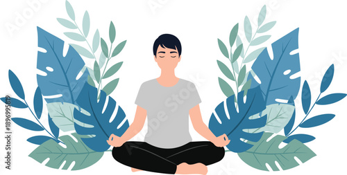 Meditation and Mindfulness Vector Illustration with Calm Person Sitting in Lotus Pose Surrounded by Tropical Leaves for Wellness and Mental Health Concepts