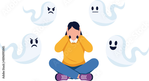 Anxiety and Fear Concept Vector Illustration with Stressed Person Sitting and Surrounded by Ghosts Representing Stress, Phobia, Mental Health, and Emotional Struggle