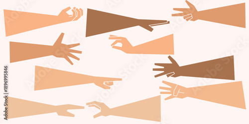 Diverse stylized arms and hands in varied gestures and skin tones on white background, symbolizing inclusion and expression.