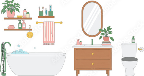 Modern Bathroom Interior Vector Illustration with Bathtub, Sink Cabinet, Mirror, Toilet, Shelves, Towels, Plants, and Home Hygiene Design Elements
