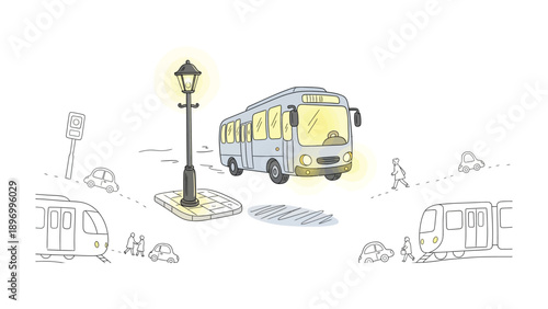 City Transport Illustration: A charming illustration depicts a bustling cityscape with a bus illuminated, capturing the essence of urban travel. The scene showcases everyday transport elements.