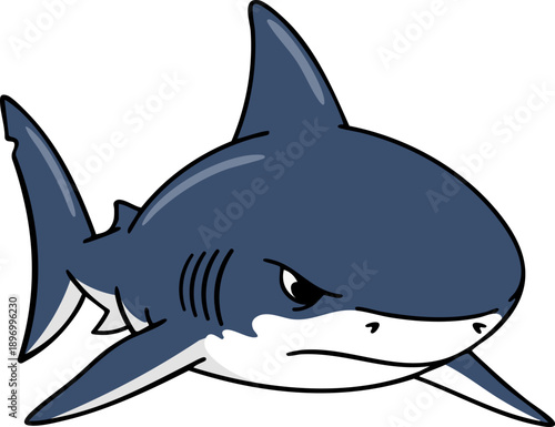 Angry Blue Cartoon Shark Character Swimming with Grumpy Expression
