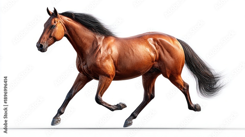 Obraz premium Majestic brown horse galloping with flowing mane and tail against a clean white background