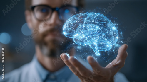 A person holding a digital, glowing brain hologram in their hand.