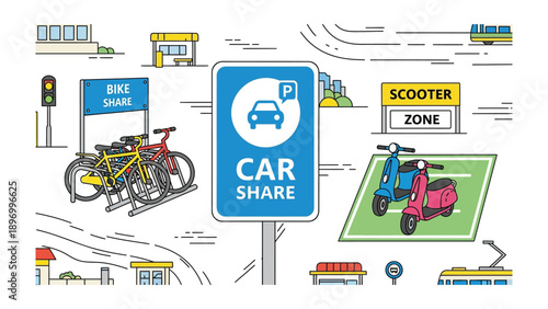 Car Share and Mobility Illustration: An illustrative scene depicting a car share sign alongside other modes of transport, advocating for sustainable urban mobility. 