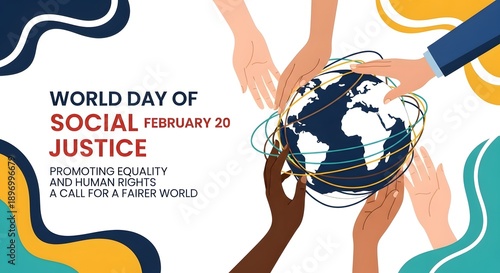 Hands holding globe on world day of social justice with equality message