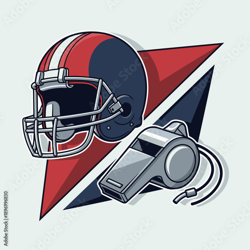 American football helmet with referee whistle and dynamic geometric shapes, college football officiating and championship concept, modern flat vector illustration