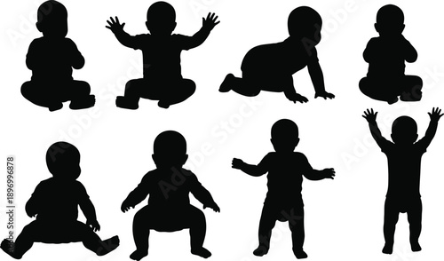 Baby poses silhouettes vector sitting crawling standing gestures toddler collection isolated illustration black profiles
