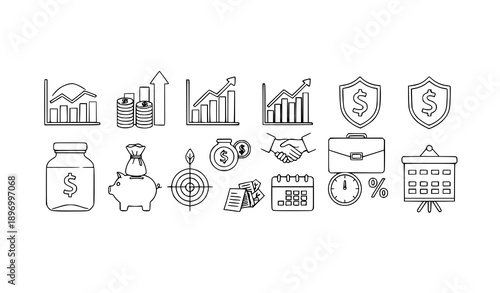 Investment and wealth management finance outline icons for fintech and growth concepts
