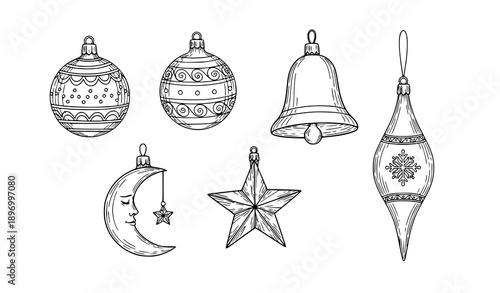 Hand drawn Christmas ornament outline set with baubles bell and moon decoration