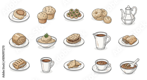 Hand drawn vector set of traditional desserts, pastries, and hot beverages including coffee, tea, muffins, and cookies in sketch style