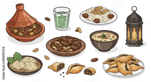 Hand drawn illustration of traditional Middle Eastern food for Iftar, including Tagine, dates, soup, and Arabic pastries on white background