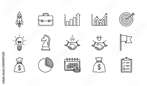 Business and finance strategy outline icon set with rocket briefcase and charts