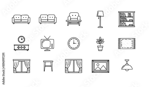 Living room furniture and home interior outline icon set for UI UX and real estate apps