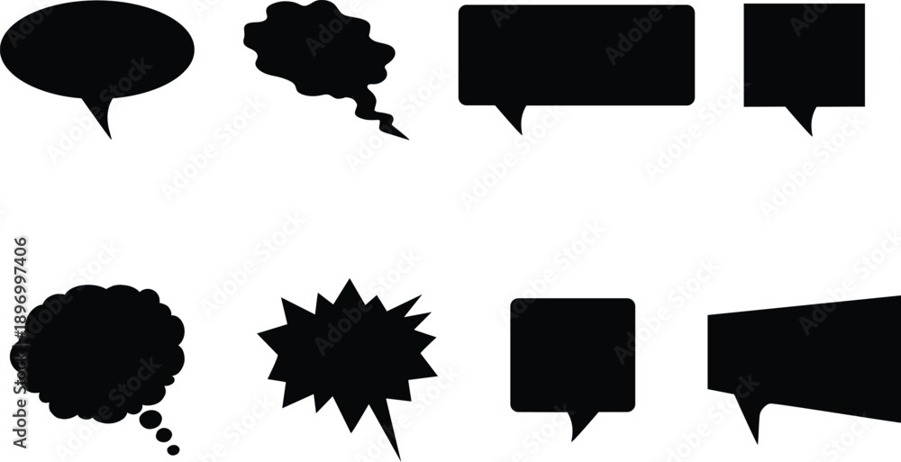 Fototapeta premium Collection of black comic speech bubbles and text boxes on white background