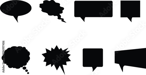 Collection of black comic speech bubbles and text boxes on white background