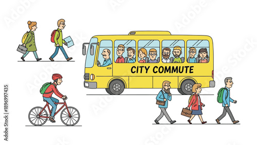 City Commute Illustration: A vibrant illustration depicts the hustle and bustle of city commuting, showcasing various modes of transport and individuals going about their day. 