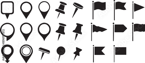 Set of Pin Map Marker Pointer Icons – GPS Location Symbols, Arrows and Flag Signs Vector